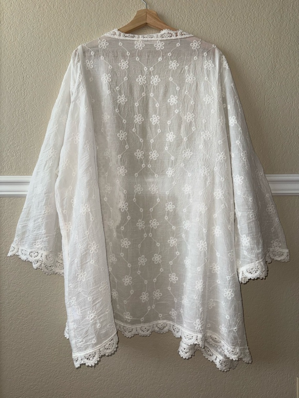 Cotton Blend Crochet Trim Lightweight Longline Kimono Crisp White Beachy 2X - Picture 2 of 11